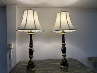 Pair James Mont Mid Century Style Green Marble and Brass Column Table Lamps