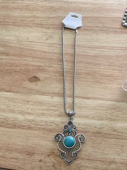Silver Turquoise Stone Pendant Necklace