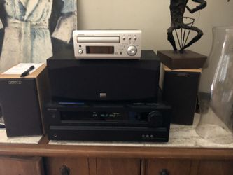 2 separate receivers denon with 2 powerful mission speakers and onkyo with onkyo speaker