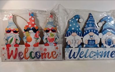 Set of 2 Panelee Winter/Summer  Welcome Door Signs Gnome Hanging Decoration  Door Hanger with Rope Hanging Decoration for Front Porch Patio Home