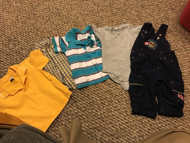Set of 4 shirts 1 overalls boys size 12-18 Month