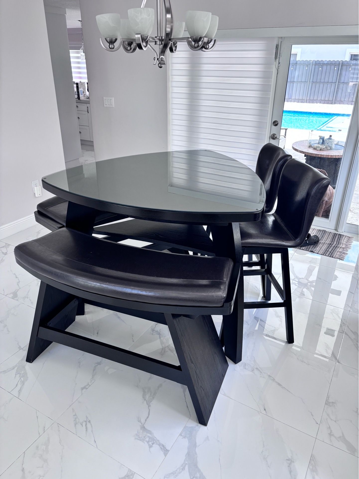 Glass top dining table with 2 chairs & 2 benches + Glass Top Console Table with Storage and Wine Rack