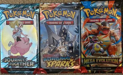 6 Pokémon Booster Packs (Mega Evo Surging Sparks or Journey Together)