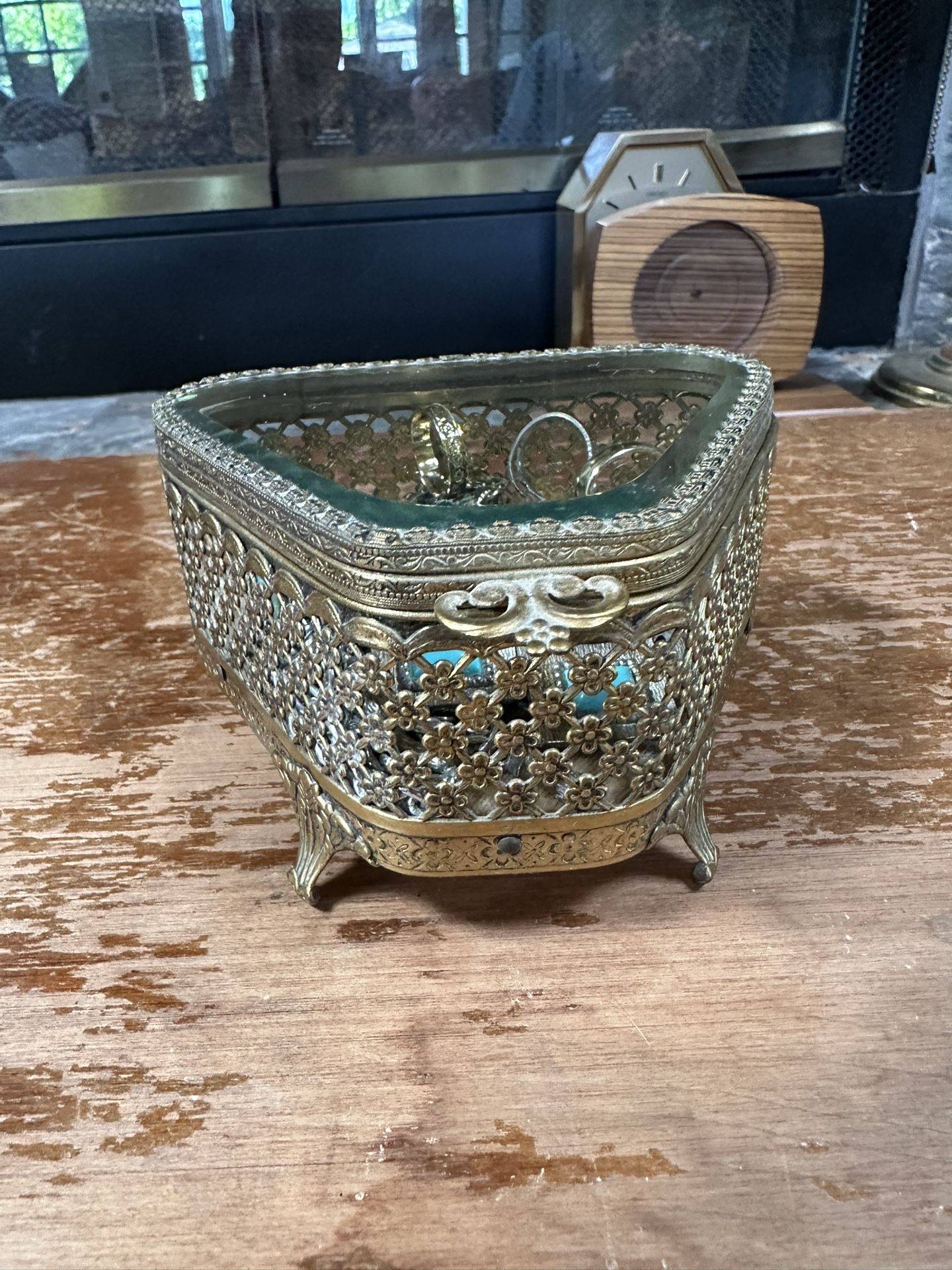 Hollywood Regency Vintage 1950's Trapezoid Shape Gold Filigree Jewelry Casket Jewelry Box