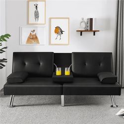 Modern Faux Leather Convertible Futon Sofa Bed with Cup Holders, Black