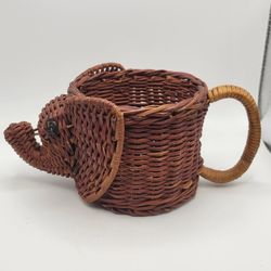 Vintage 1970s Wicker Rattan Elephant Mug Holder/Planter Boho Decor
