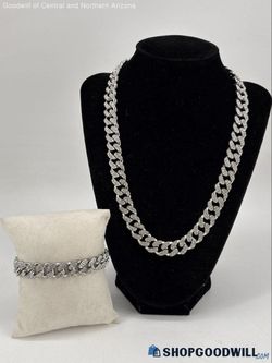 Men's Rhinestone Chain Link Necklace With Bracelet 