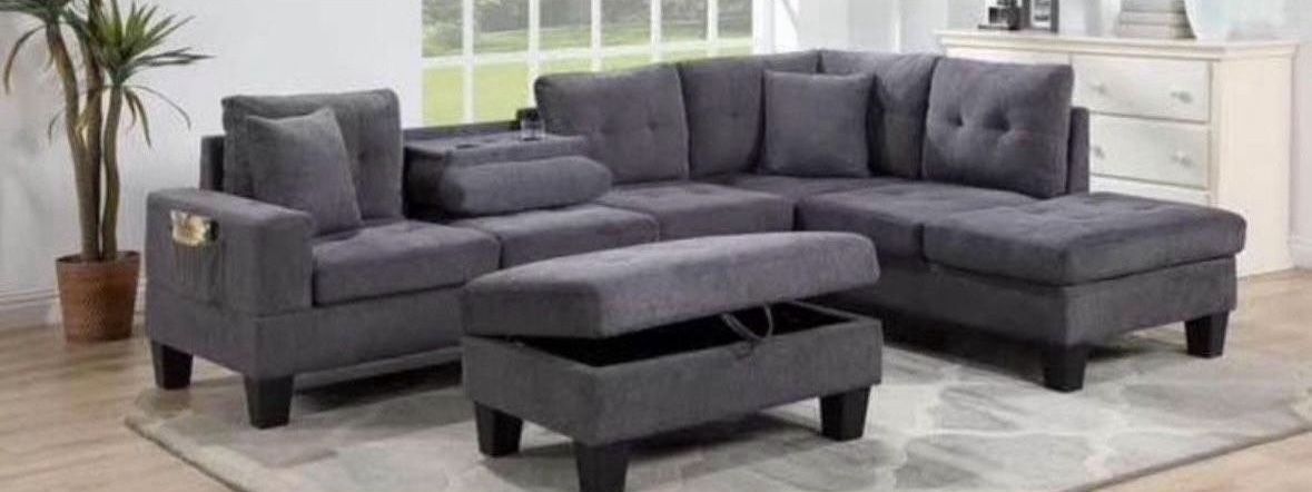 Sectional Couch With Storage Ottoman And USB Charging