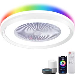 24" Low Profile Ceiling Fan with RGB Lights, White Remote/APP/Voice Smart Flush Mount Ventilador  