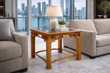 🪑 Solid Wood Side Table w/ Glass Top – Unique Carved Design 🔥