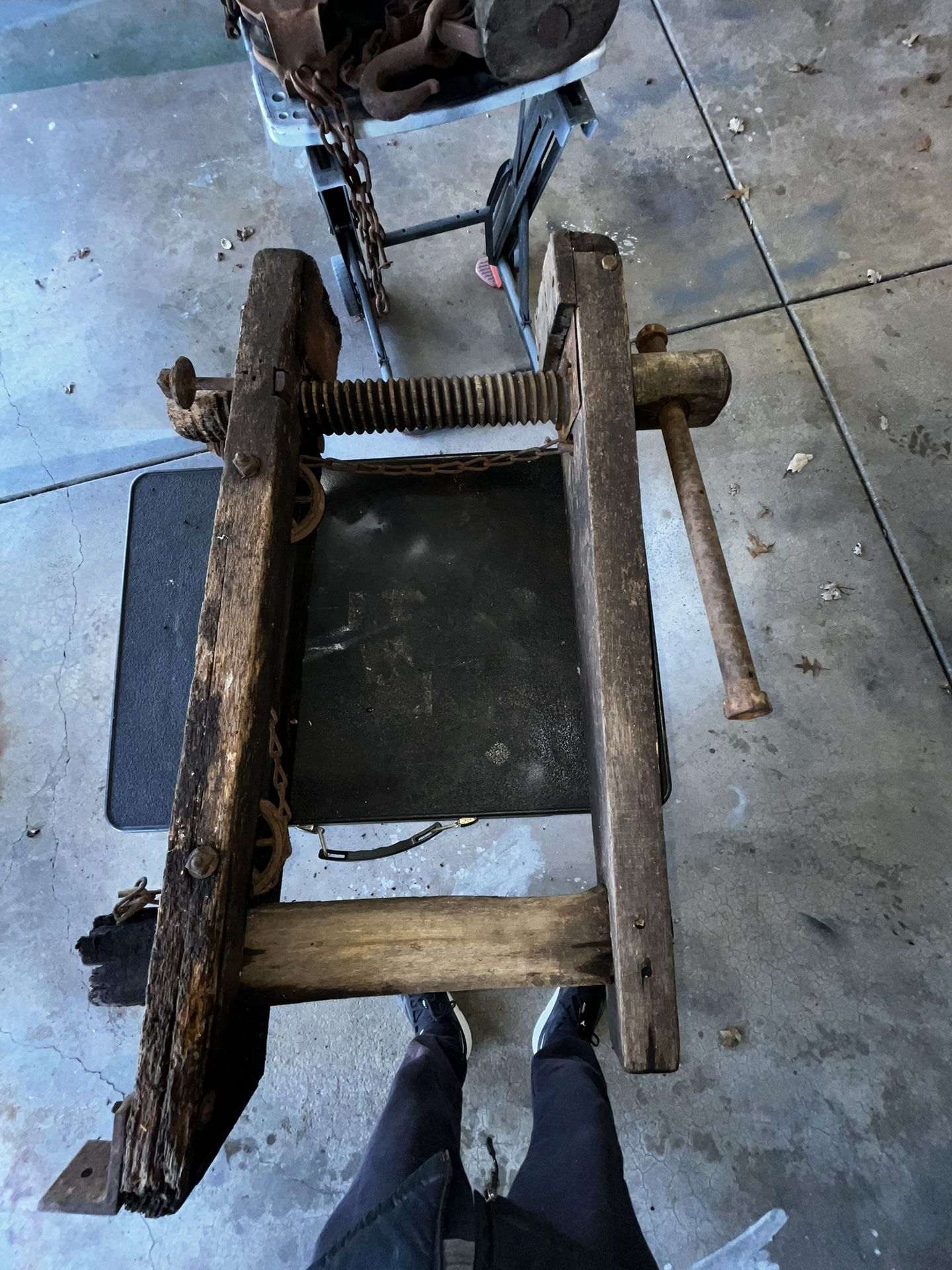 Large handmade rare vintage wooden & metal pulley’s w/chains primitive workbench carpenter vice clamp. Antique farmhouse wood workers yard decor. Cas