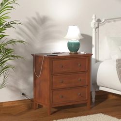 Solid Wood Nightstand with 3 Drawers & Power Outlet, Walnut