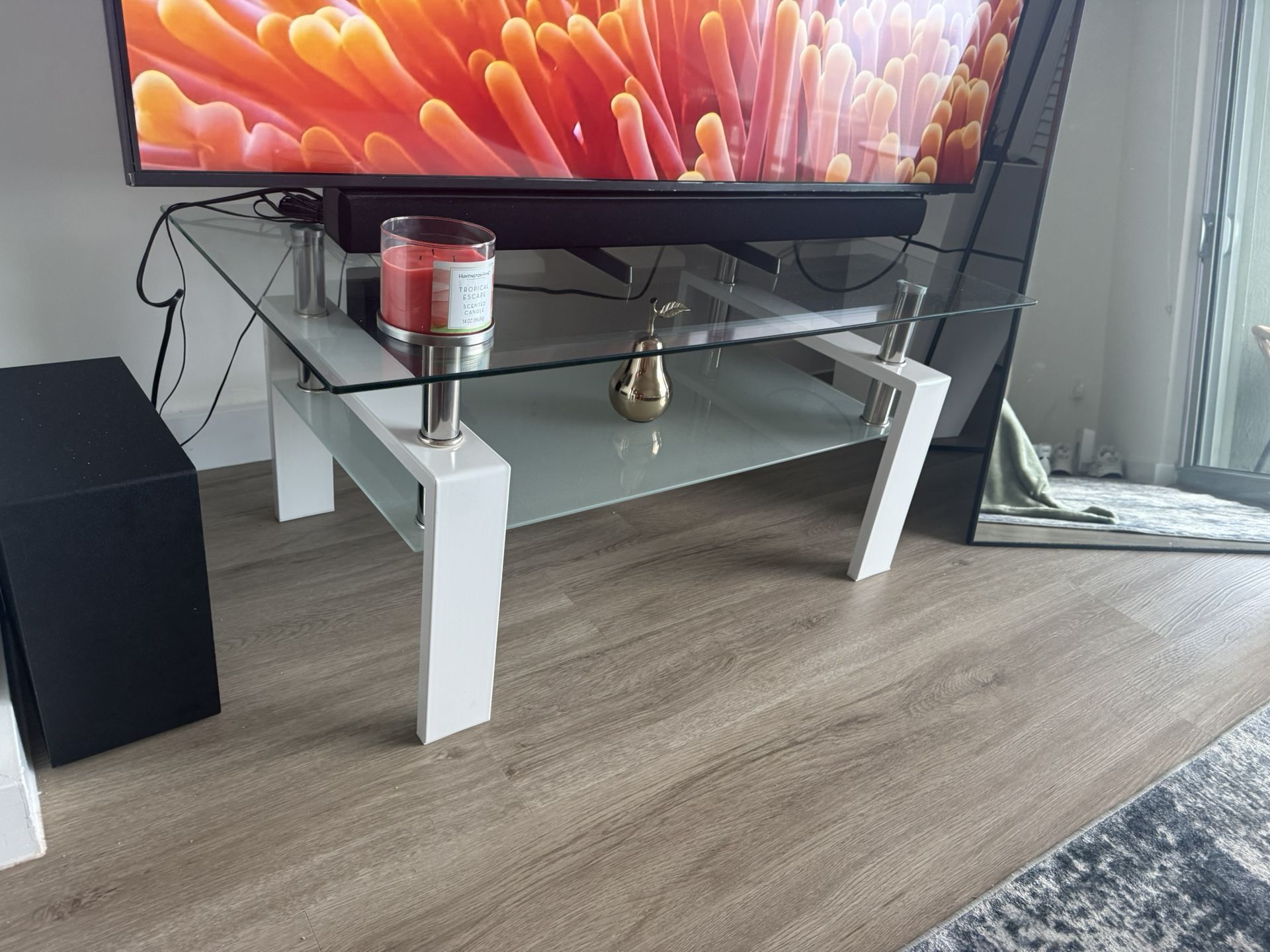 Rectangle Glass Coffee Table-White Modern Side Coffee Table with Lower Shelf Metal Legs-Suit for Living Room