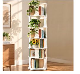 360° Display Round Bookcase, Floor Standing Revolving Rotating Bookshelf Round Spinning Book Shelf, Narrow Solid Wood Bookshelves Vertical Turning Cor