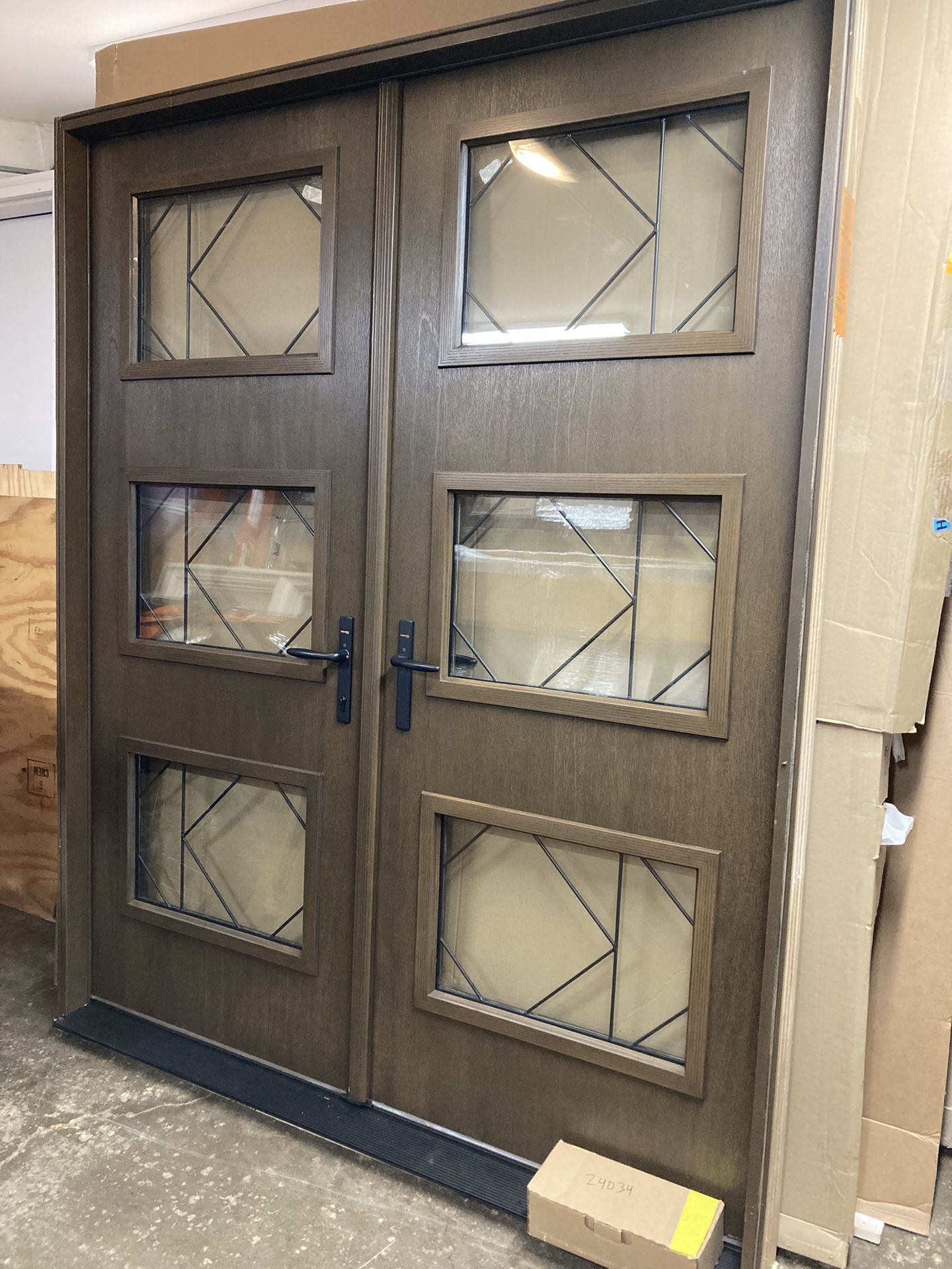New Front Door , wood grain , fiberglass , left inswing , 66 1/2 by 81 1/2