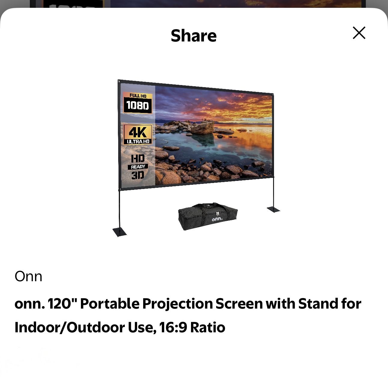 onn. 120" Portable Projection Screen with Stand for Indoor/Outdoor Use, 16:9 Ratio