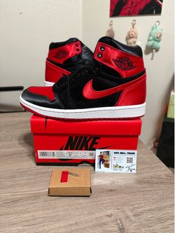 Size 9.5W (8 Mens) - Air Jordan 1 Retro OG High Satin Bred Black Red
