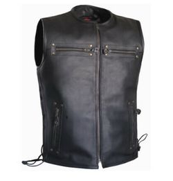 Men Side Laces Club Style Motorcycle Low Collared Concealed Carry Leather Vest