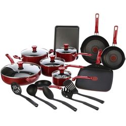 T-fal Everything in Kitchen Dishwasher Safe Cookware Set, 20-Piece, Red