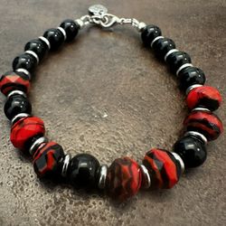Red and Black Murano Glass Beaded Bracelet with Heart Charm