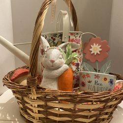 Easter basket with bunny / watering can/ flower / mushroom & mug. NEW !! Spring / cottage / farmhous