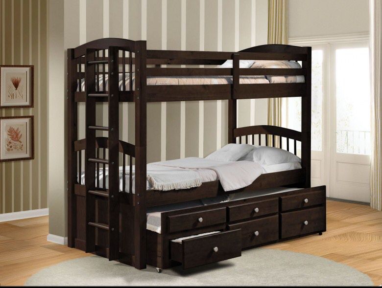 Brown Solid Wood Triple Bunk Bed rated 400 pounds strong Brand new also in White