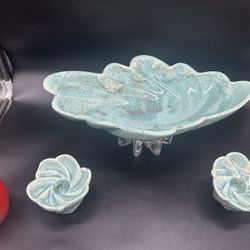 VTG  Console Bowl & Candle Holders Turquoise MCM Art Pottery