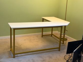 **MOVING SALE – Modern White & Gold L-Shaped Desk