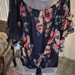 NEW & STUNNING OFF THE SHOULDERS NAVY BLUE/ FLOWERS BLOUSE WITH FRONT TIE