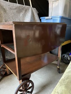 Vintage Cherry Wood Drop Leaf Rolling Tea Car Server With Drawer