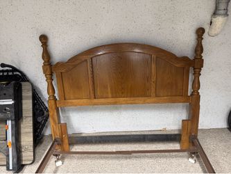 Solid Oak Queen Headboard & Metal Bed Frame with Casters