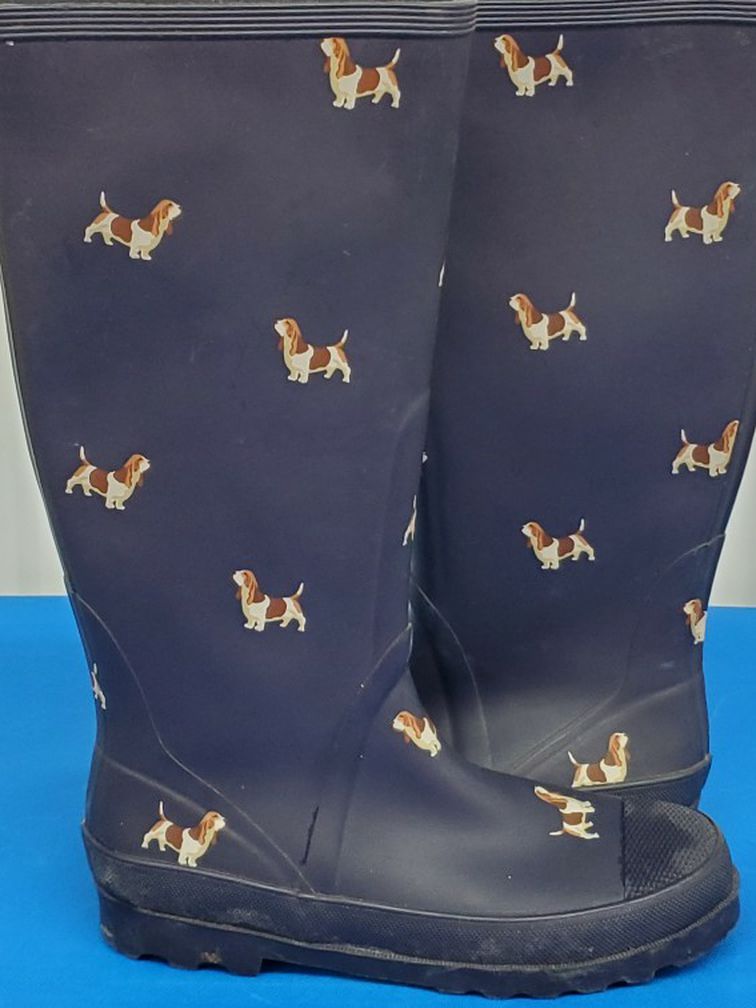 J. Crew women's tall rubber rain boots basset hounds Navy blue Size 8 EXCELLENT USED CONDITION
