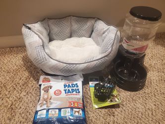 Dog Supplies Bundle- Bed, Food Dispenser, Muzzle, Pads All NEW