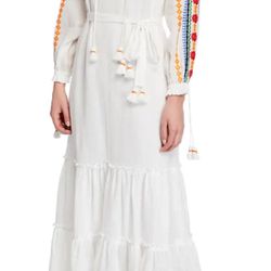 Tory Burch Embroidered Peasant Dress Maxi   White Beach Caftan Size L New With Tags
