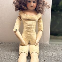 Antique Doll Porcelain. German. Eyes Open&Close. Leather.