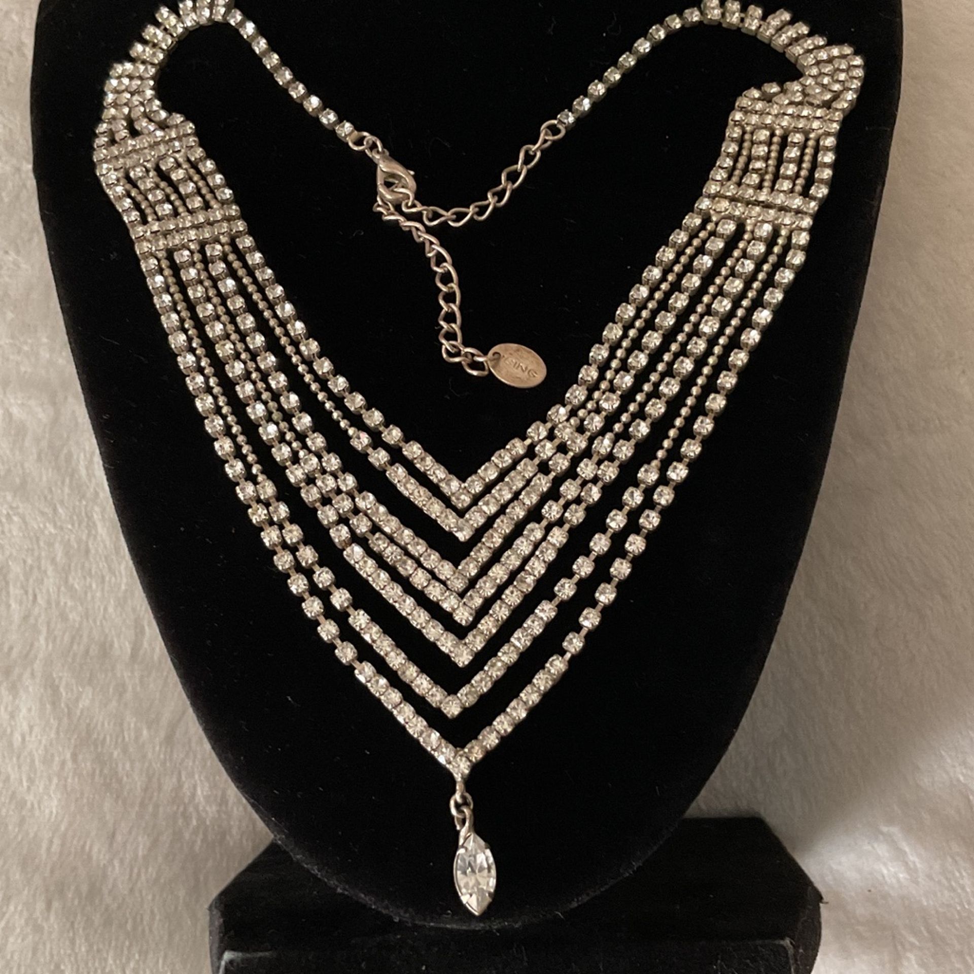 Beautiful Dazzling 7 Layered Rhinestone Necklace With Tear Drop Crystal Pendant/charm,by Icing