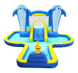 8 in1 Inflatable slide water park trampoline bouncing house outdoor garden with Dolphin sprinkler & Target games & Water gun & Basketball