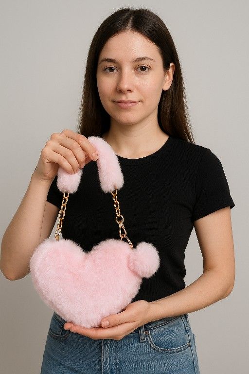 Pink Heart Plush Bag with Gold Chain