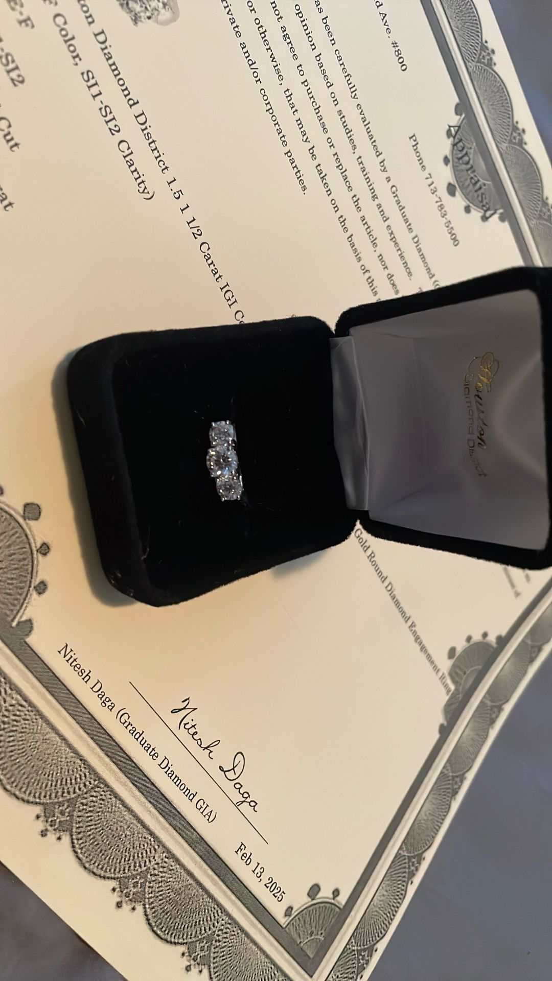 1.5 1 1/2 karat AGI certified lab grown three stone 14 K white gold round diamond engagement ring