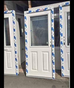 White Exterior Door with Decorative Glass Insert