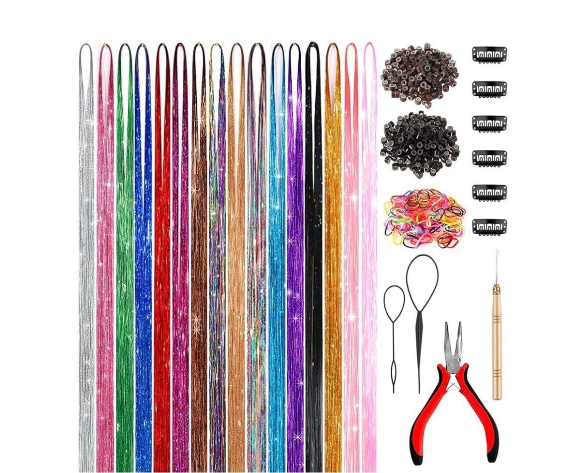 48" Fairy Hair Tinsel Kit - 12 Colors, 3600 Strands, Shiny Hair Extensions