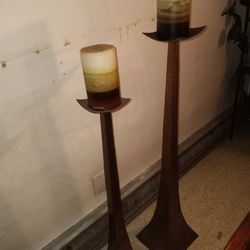 2 Tall Floor Candle Holders With Candles 