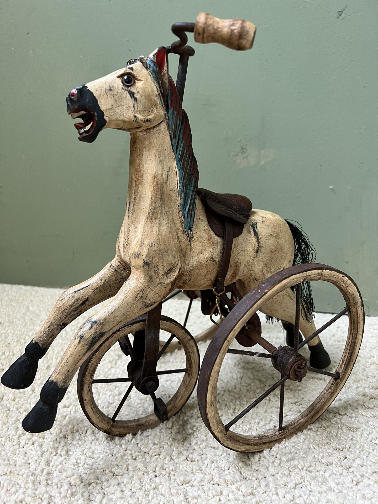Vintage Wooden Toy Tricycle Horse Hand Carved Leather Saddle 11.5