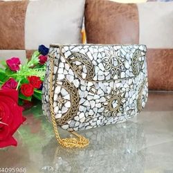 Handmade Mother of Pearl Mosaic Clutch | Gold & White Metal Evening Bag | Vintage Boho Purse