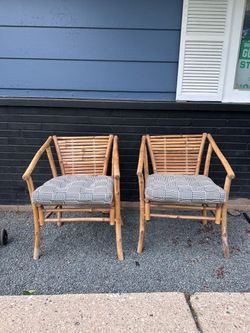Pair of MGP Stackable Natural Bamboo Lounge Arm Chairs with Cushions