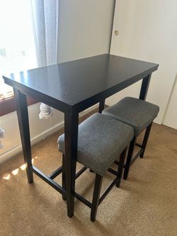 Pub Height Table & 2 Bar Stools Set – Black Table + Gray Upholstered Cosway Chairs