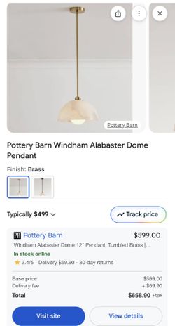 (2) Pottery Barn Brass Alabaster Pendant Lights