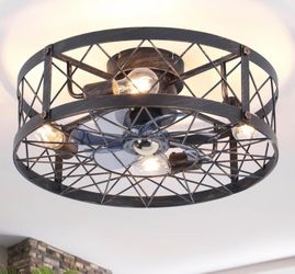 Flush Mount Caged Ceiling Fan With Lights, 20" Farmhouse Ceiling Fans With Remote