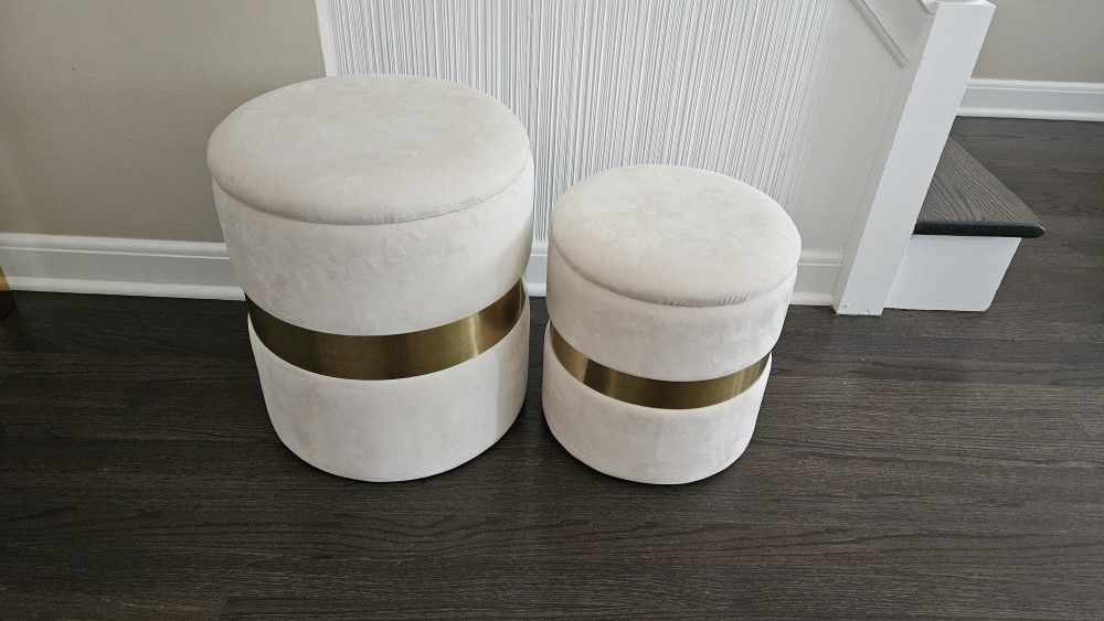 Set of 2 Velvet Storage Ottomans Cream & Gold $100