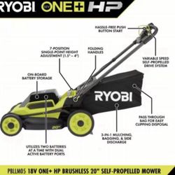 RYOBI ONE+ HP 18V Brushless 20 in. Cordless Battery Walk Behind Self-Propelled Lawn Mower w/ (2) 4.0 Ah Batteries and Chargers